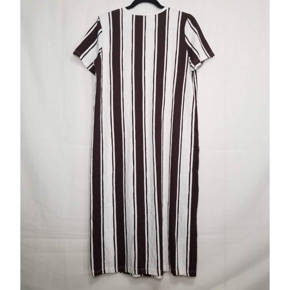 Zara Trafaluc textured knit midi shift dress brown ivory size L vertical stripes - Picture 2 of 7